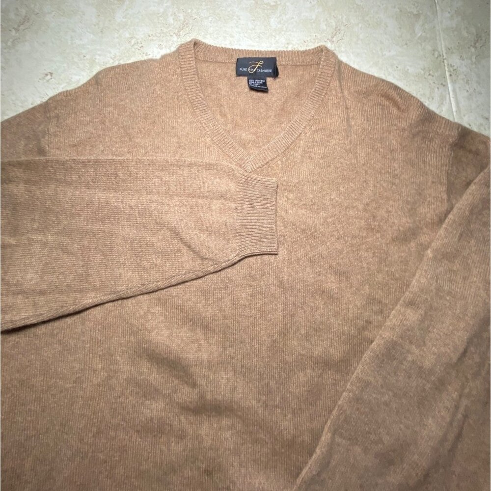 Pure 2-Ply 100% Cashmere V-Neck Sweater L‎ Beige/Brown Long-Sleeve Cozy Warm